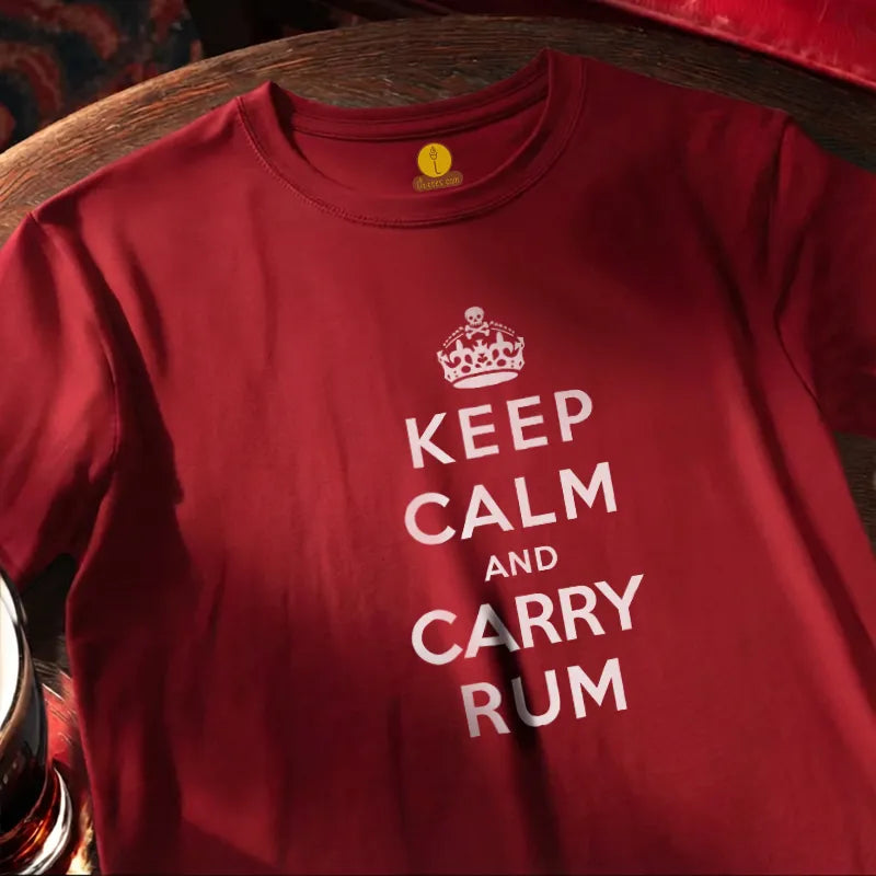 Red T Shirt on Rounnd Bar Table with humourous  text saying Keep Calm and Carry Rum