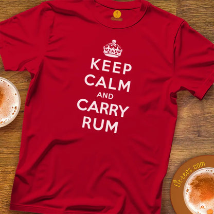 Red T Shirt on Bar Table with humourous  text saying Keep Calm and Carry Rum