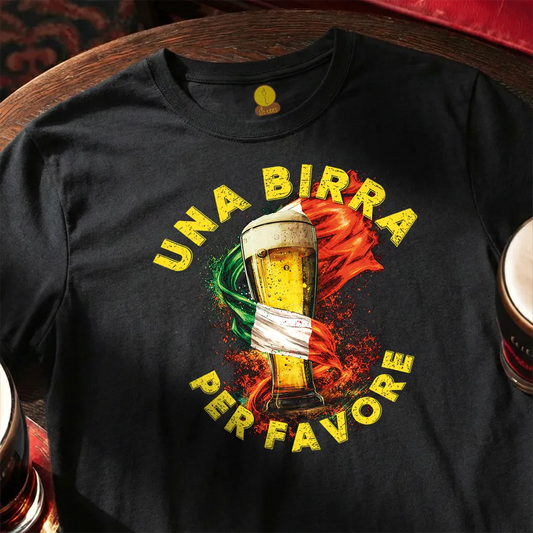 Black t-shirt with a beer graphic and text on a wooden surface - Una birra, per favore - Italian