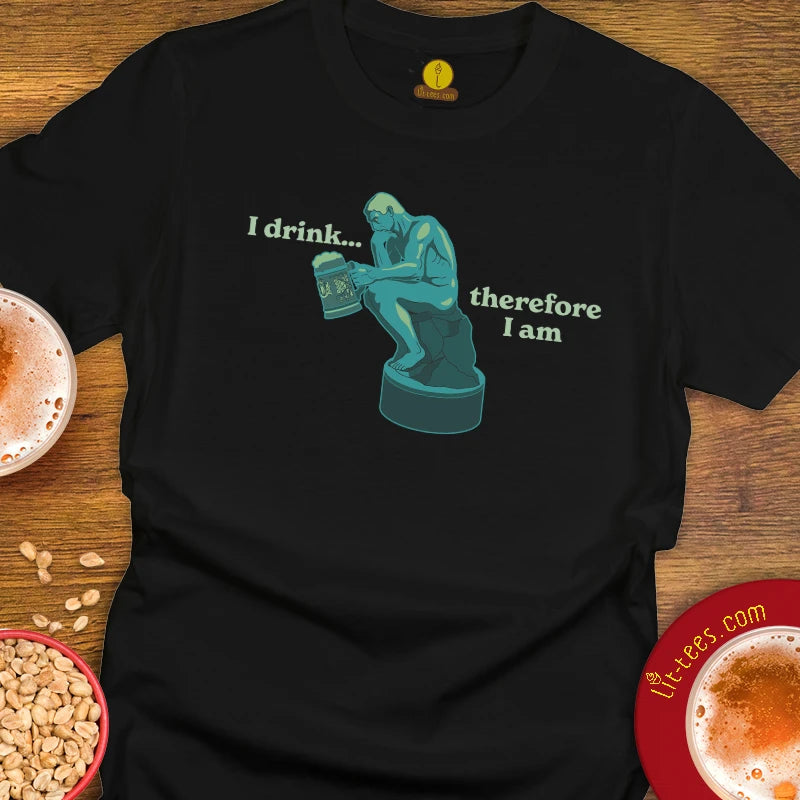 Gildan 64000 black t-shirt with illustration saying, "I drink, therefore I am." 