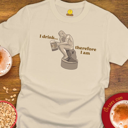 Gildan 64000 sand t-shirt with illustration saying, "I drink, therefore I am." 
