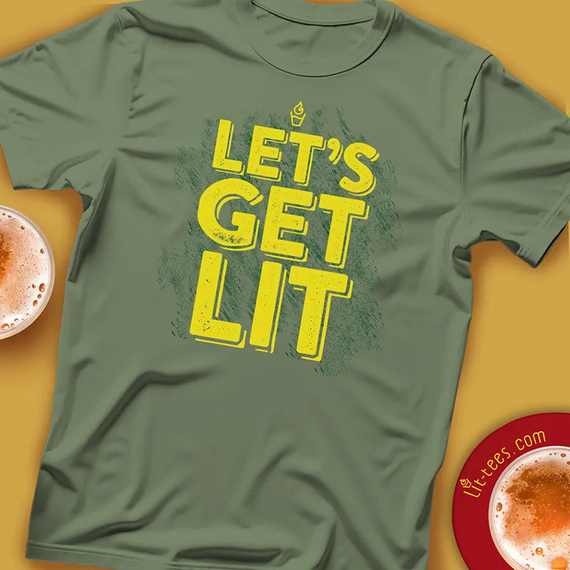 Green t-shirt with 'LET'S GET LIT' text on a yellow background