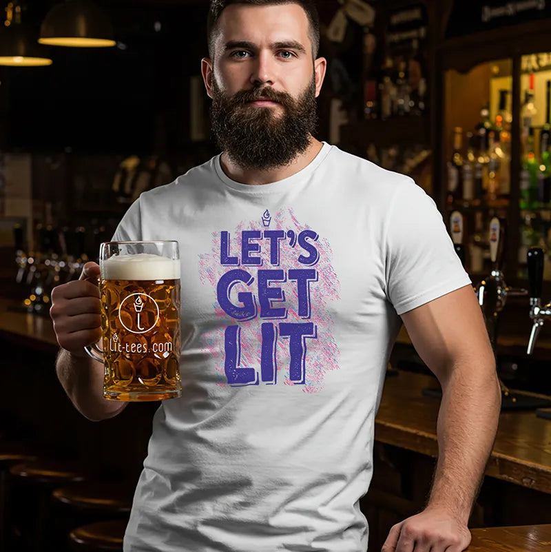 Man in bar holding a beer wearing a T-Shirt with the text Let's Get Lit