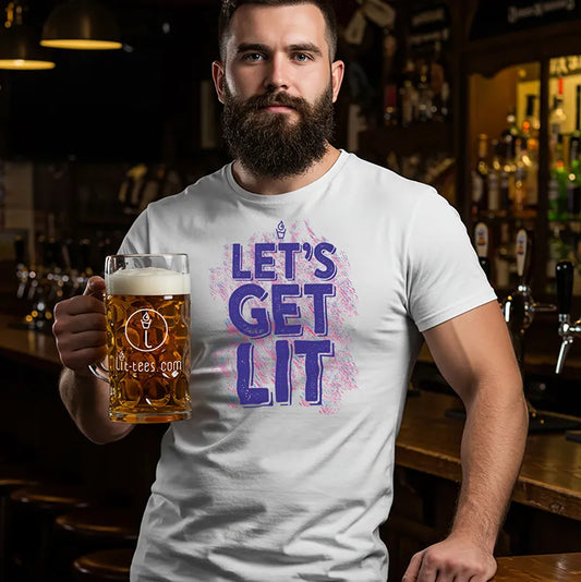 Man in bar holding a beer wearing a T-Shirt with the text Let's Get Lit