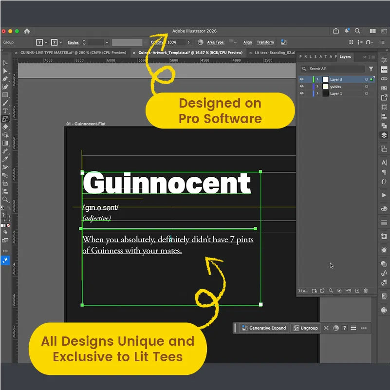 Adobe Illustrator software interface with text design on a black background