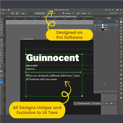 Adobe Illustrator software interface with text design on a black background