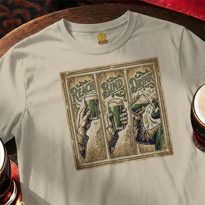White t-shirt with graphic design of hands holding beer glasses and text 'Reach, Bind, Drink' on a wooden bar table