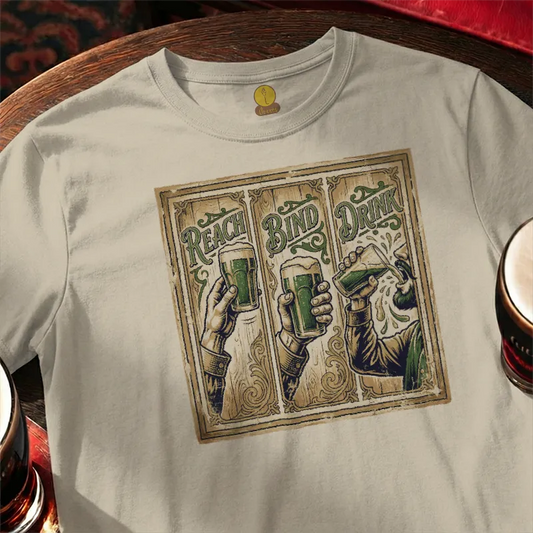 White t-shirt with graphic design of hands holding beer glasses and text 'Reach, Bind, Drink' on a wooden bar table