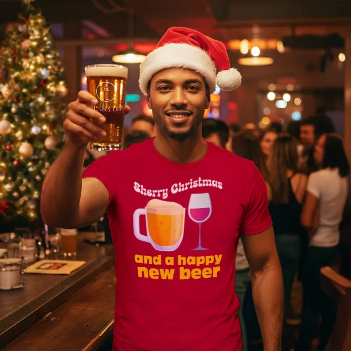 Man wearing a Santa hat and red shirt reading 'Sherry Christmas and a happy new beer' Christmas Tee Shirt, holding a beer in a festive bar setting.