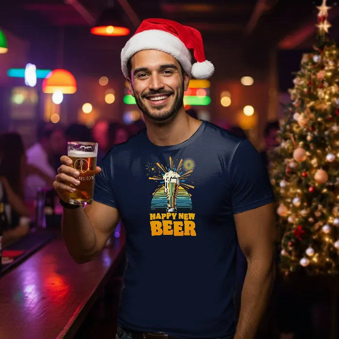 Man wearing a Santa hat and 'Happy New Beer' t-shirt, holding a beer in a bar setting with Christmas decorations.
