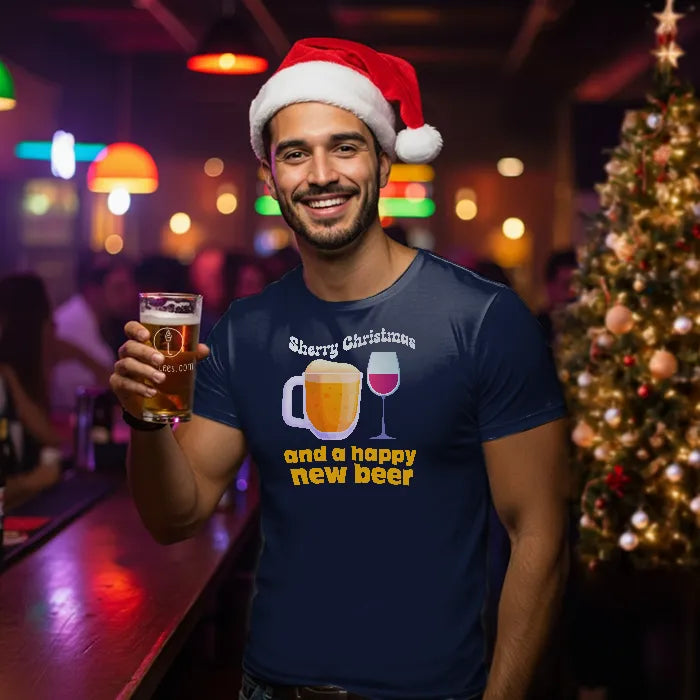 Man wearing a Santa hat and 'Sherry Christmas and a happy new beer' Chtistmas tee shirt, holding a beer in a bar setting with Christmas decorations.