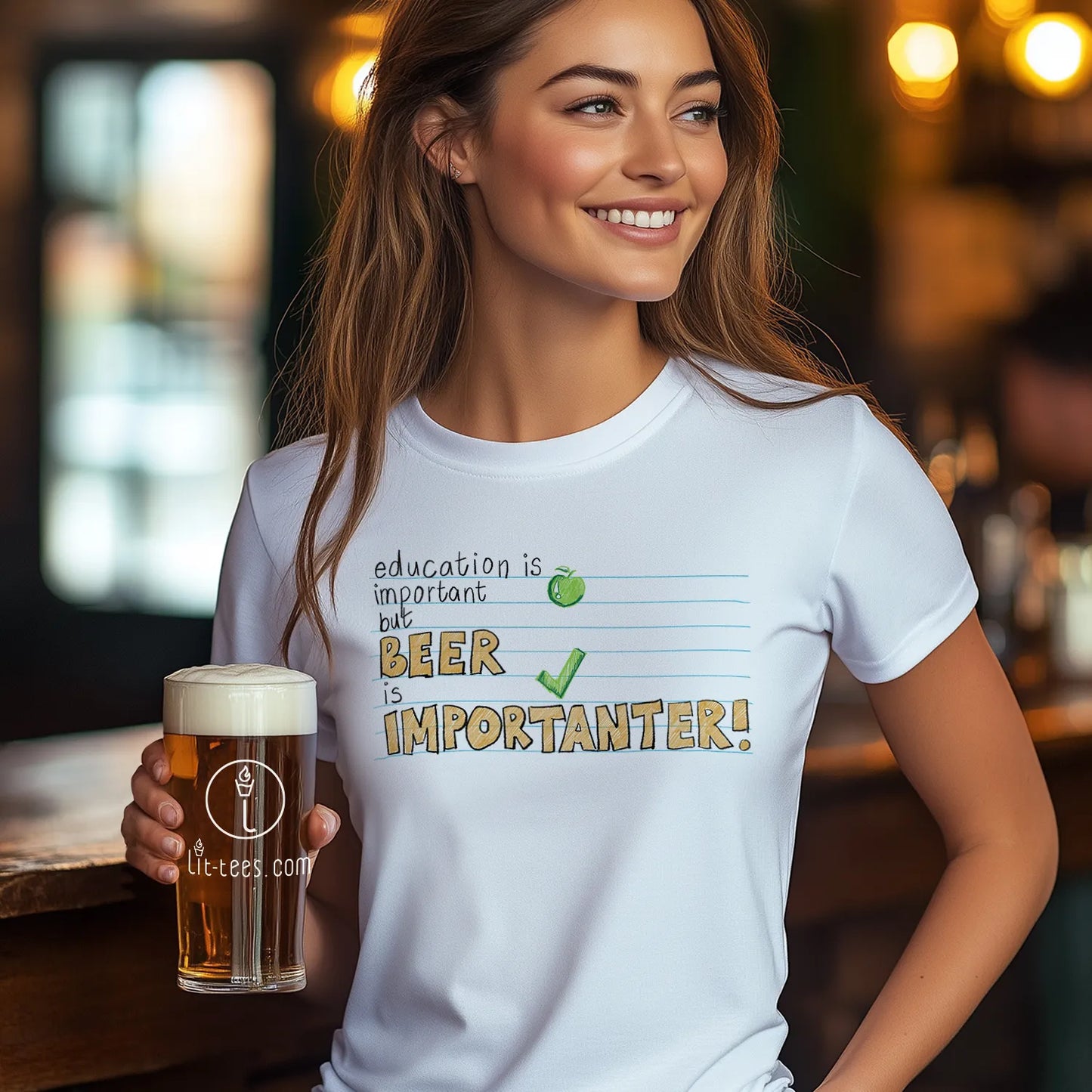 Woman wearing a white  tee shirt saying 'Education is important but beer is importanter' in typographical style holding a beer in a bar setting.