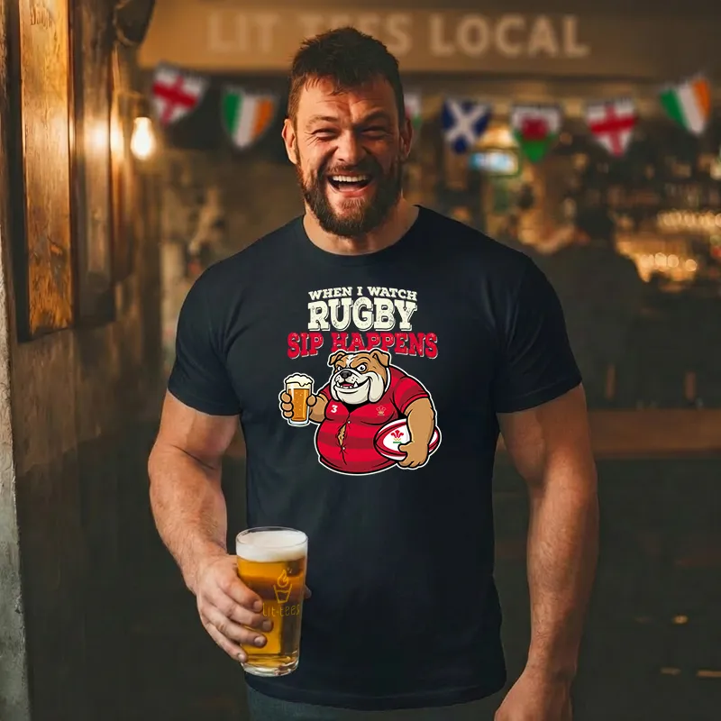 Man wearing a rugby-themed t-shirt saying 'When I watch rugby sip happens' holding a beer in a pub setting