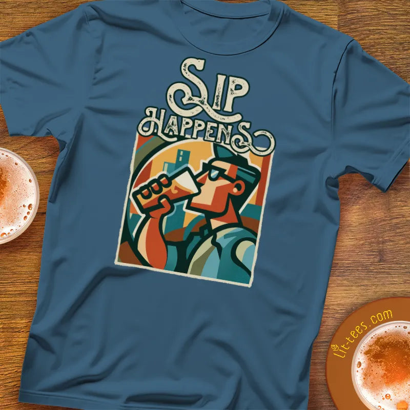 Indigo Blue t-shirt with a graphic design of a man drinking from a pint and text 'Sip Happens' on a wooden surface with coffee cups.