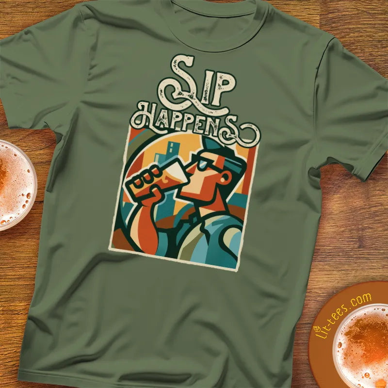 Military Green t-shirt with a graphic design of a man drinking from a pint and 'Sip Happens' text on a wooden surface with coffee cups.