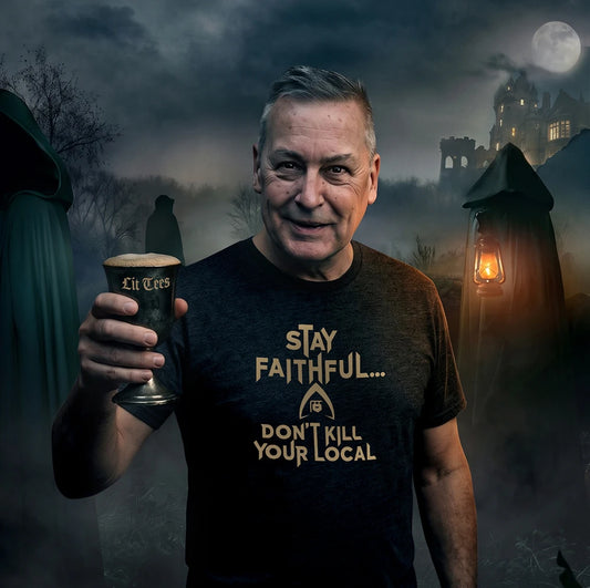 A man wearing a black graphic t-shirt with the text 'STAY FAITHFUL...DON'T KILL YOUR LOCAL'