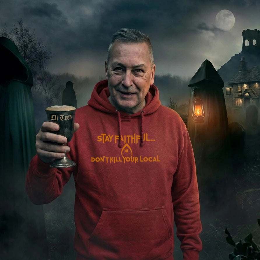 A man wearing a Fire red AWDIS JH001 hoodie with the text: Stay Faithful. Don't kill your local. 