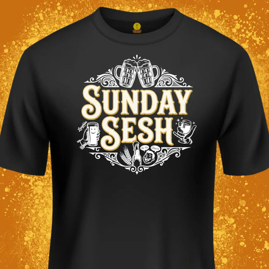 A black short-sleeve crewneck t-shirt featuring a 'Sunday Sesh' graphic with beer mugs, glasses, and beer-themed illustrations in white and gold, set against a textured gold background.