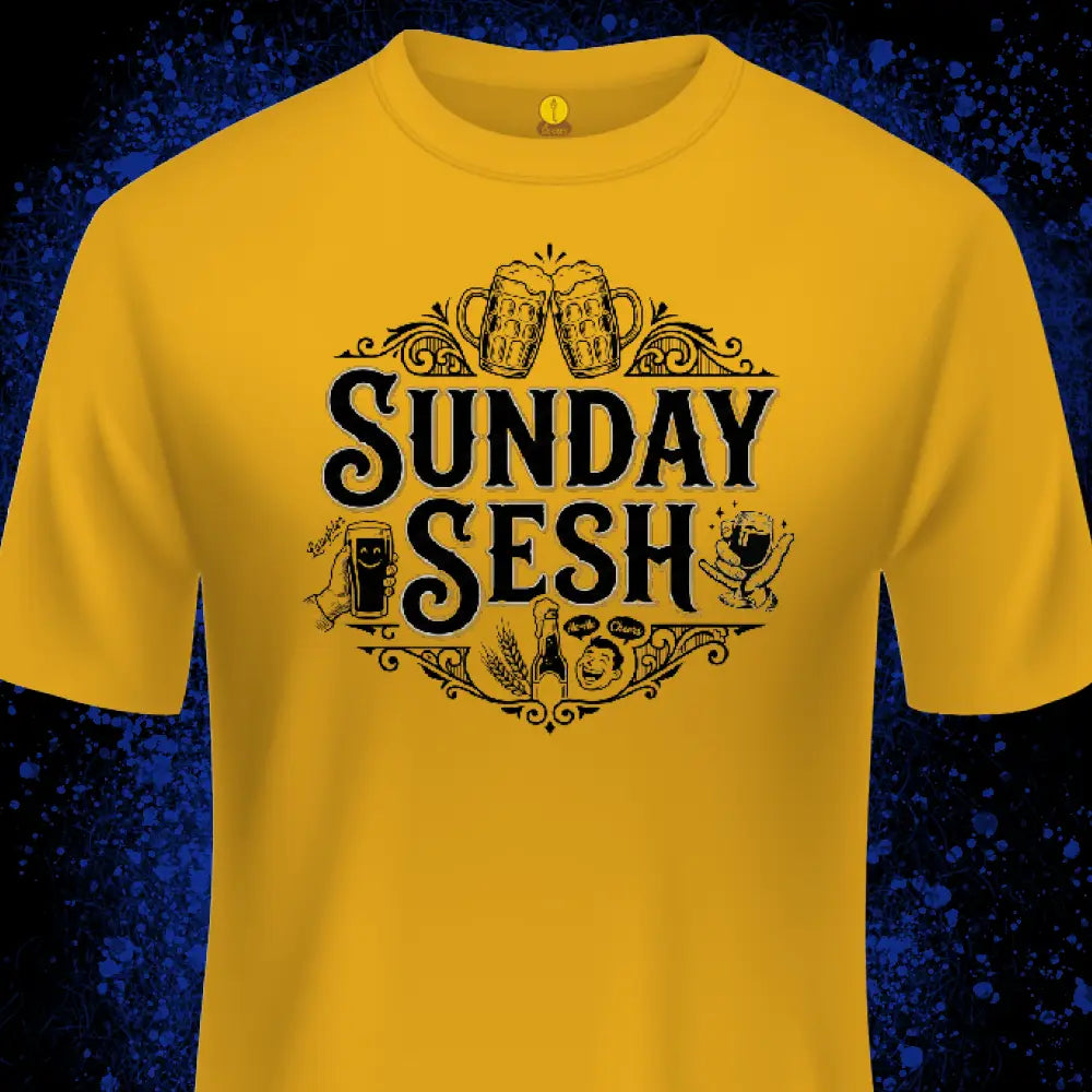 A bright yellow short-sleeve t-shirt with a black graphic print reading 'SUNDAY SESH' surrounded by beer mugs, glasses, and decorative flourishes, shown against a dark blue textured background.