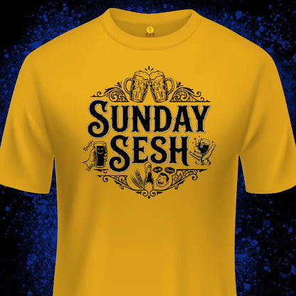 A bright yellow short-sleeve t-shirt with a black graphic print reading 'SUNDAY SESH' surrounded by beer mugs, glasses, and decorative flourishes, shown against a dark blue textured background.