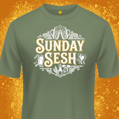 A Military Green crewneck t-shirt featuring a white and gold graphic that reads 'SUNDAY SESH' with beer mugs and cocktail glasses, set against a textured orange background.