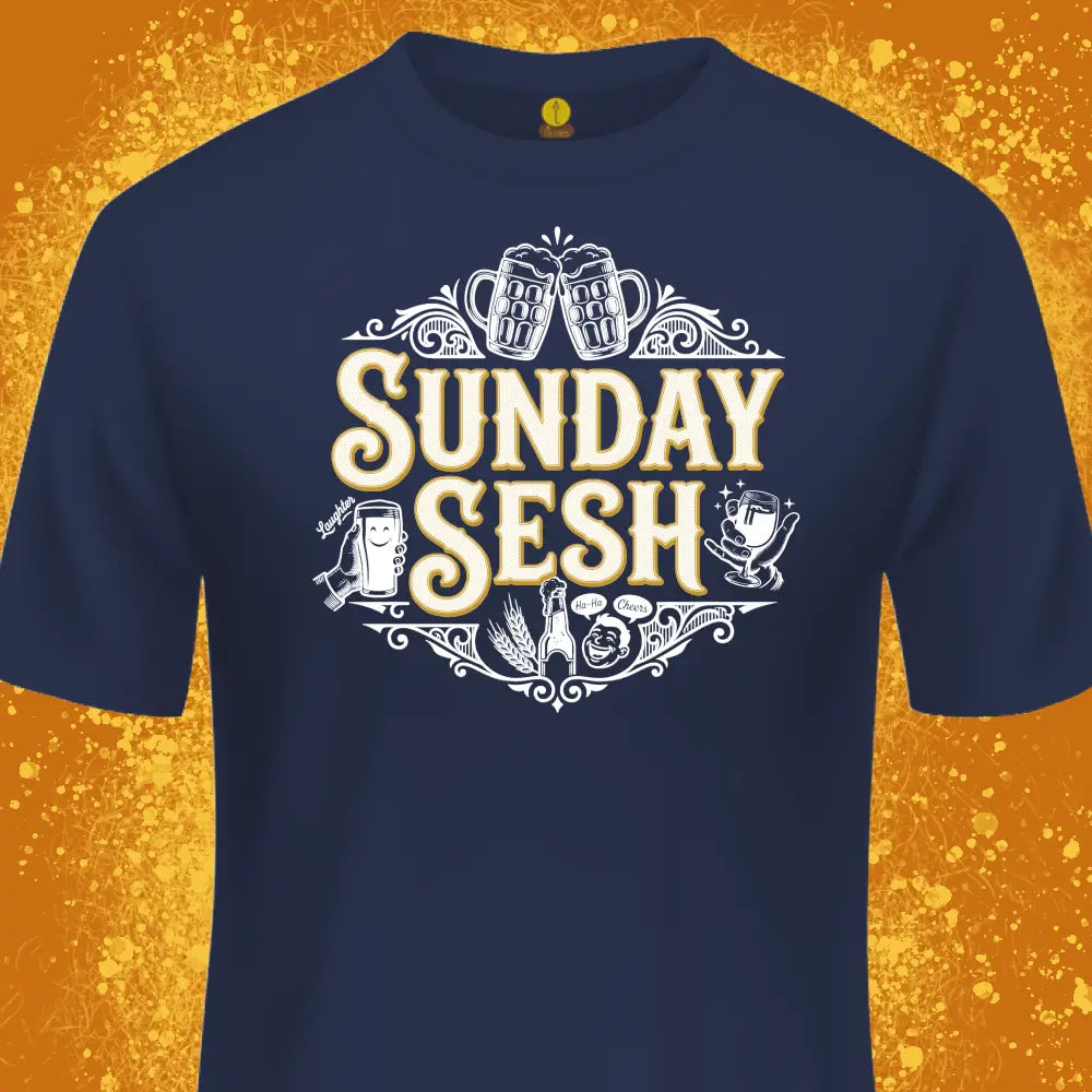 A navy blue crewneck t-shirt featuring a white and gold graphic print that reads 'SUNDAY SESH' with beer mugs and beer-themed illustrations. The shirt is presented against a textured gold background.
