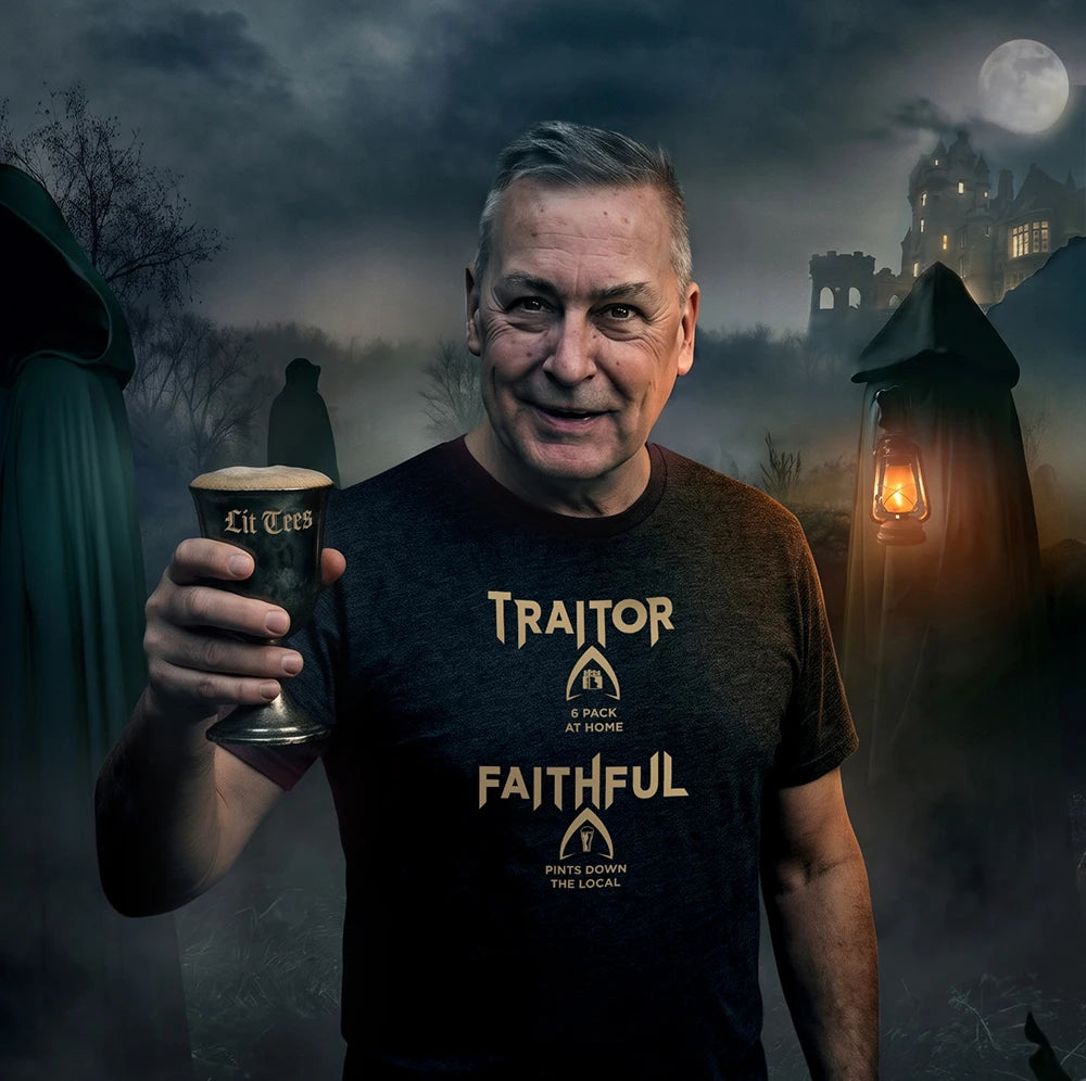 A man wearing a dark graphic t-shirt with 'TRAITOR FAITHFUL' printed on the front, holding a pint of 'Lif Tees' beer in a spooky, foggy graveyard setting with cloaked figures and a full moon.