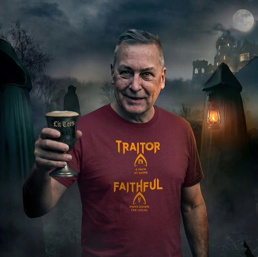 A man wearing a maroon t-shirt with yellow gothic text reading 'TRAITOR FAITHFUL' holds up a dark goblet. The background is a dark, foggy, and spooky scene with a haunted house under a full moon.